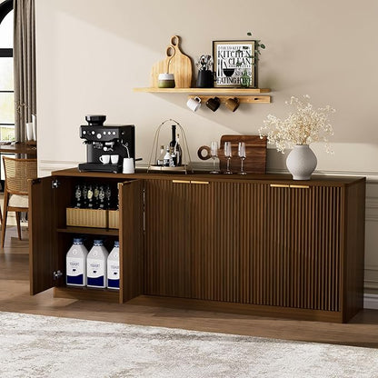 Ball & Cast 67" Modern Fluted Sideboard Buffet Cabinet with Storage,Curved Design Kitchen Coffee Bar Cabinet with 6 Doors & Shelves,Wood Credenza Cabinets Media Console for Living Room,Walnut