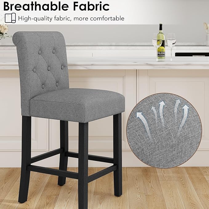 LSSBOUGHT 24 Inches Upholstered Counter Height Bar Stools, Kitchen Island Chairs,Padded Barstools with Button-Tufted Back and Solid Wood Legs Set of 4（Gray）