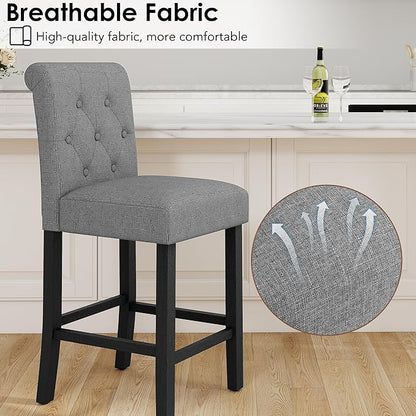 LSSBOUGHT 24 Inches Upholstered Counter Height Bar Stools, Kitchen Island Chairs,Padded Barstools with Button-Tufted Back and Solid Wood Legs Set of 4（Gray）