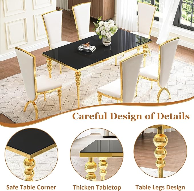 Glass Dining Table Set for 6, Luxurious 70 Inch Rectangular Glass Kitchen Table with 6 White High Back Leather Chairs, for Dining Room, Restaurant, Living Room (Black Top)