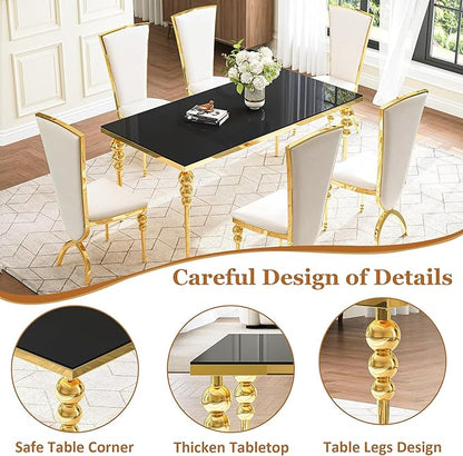 Glass Dining Table Set for 6, Luxurious 70 Inch Rectangular Glass Kitchen Table with 6 White High Back Leather Chairs, for Dining Room, Restaurant, Living Room (Black Top)
