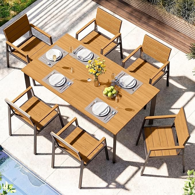 Outdoor Dining Set, Aluminum Patio HDPS Outdooor Table and Chairs Set with Umbrella Hole, All Weather Patio Furniture Set, Patio Dining Table Set,Gray & Teak,7 Pieces