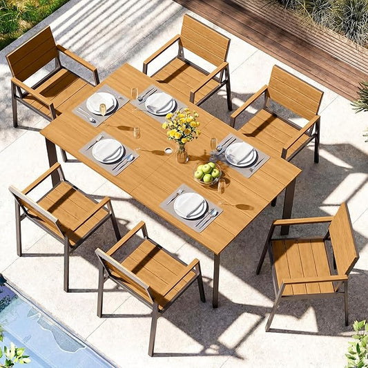 Outdoor Dining Set, Aluminum Patio HDPS Outdooor Table and Chairs Set with Umbrella Hole, All Weather Patio Furniture Set, Patio Dining Table Set,Gray & Teak,7 Pieces