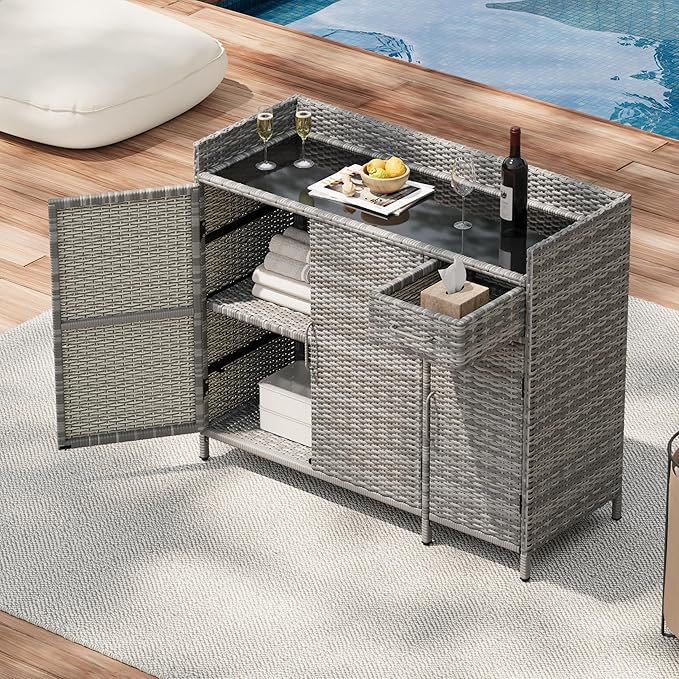 47.5 Inch Outdoor Storage Cabinet Wicker Buffet Table Patio Sideboard Tempered Glass Top Adjustable Shelves 3 Door Rattan Kitchen Island Drawer Dining Serving Console Metal Frame Grey