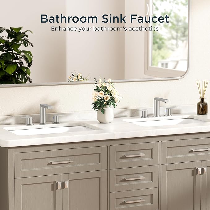 FORIOUS Brushed Nickel Bathroom Faucets 3 Hole, 8 Inch Widespread Bathroom Sink Faucet with Pop-up Drain and Cupc Supply Lines, 2-Handle for Vanity, Hotel Restroom