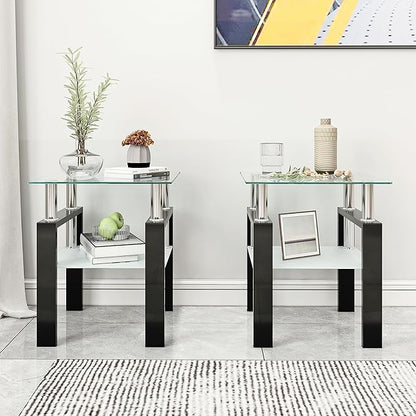 Set of 2 Glass End Table, Glass Side Table with Tempered Glass Top & Metal Legs, Living Room Table Modern Square Tea Table Side Tables 2-Layer for Living Room