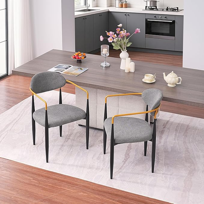 Modern Upholstered Accent Chair Set of 2 with Gold Accented Armrests, Ergonomic Barrel Back, Padded Fabric Seat, Metal Frame for Dining Room, Kitchen Island, Counter, Office (Grey,Dining Chair)