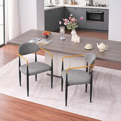 Modern Upholstered Accent Chair Set of 2 with Gold Accented Armrests, Ergonomic Barrel Back, Padded Fabric Seat, Metal Frame for Dining Room, Kitchen Island, Counter, Office (Grey,Dining Chair)