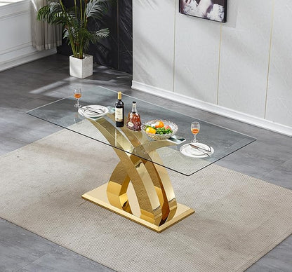Luxury Gold Glass Dining Table for 6-8 Modern 70" Rectangular Kitchen Table with Stainless Steel Base Large Clear Glass Top Dining Room Tables for Home Office