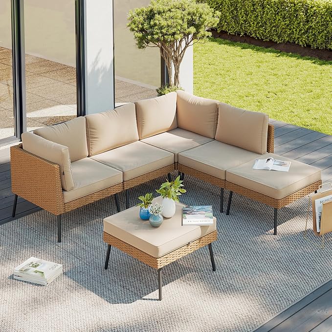 Aoxun 6 Piece Patio Furniture Set, 6 Seats Outdoor Sectional Sofas with Thick Cushion, Wicker Outdoor Patio Furniture Set with Ottomans for Party, Garden, Backyard, Beige