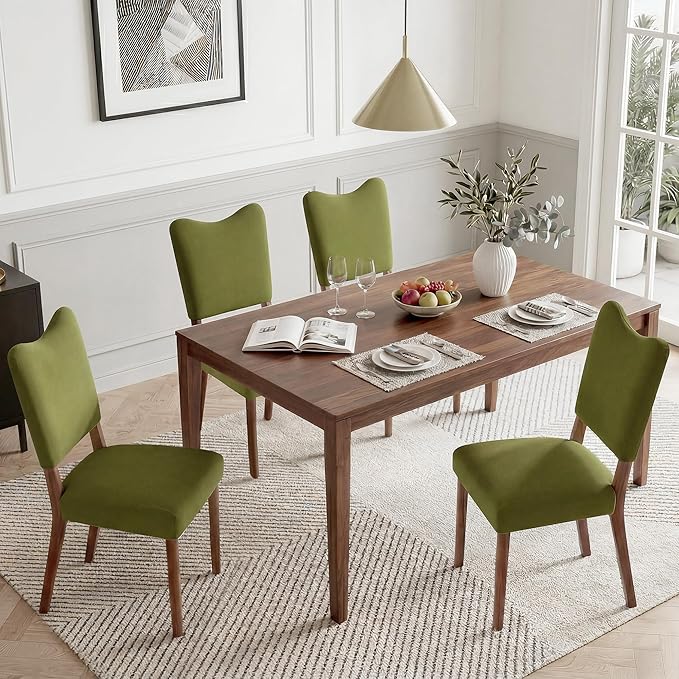 KISLOT Upholstered Dining Chairs Set of 6, Modern Velvet Kitchen Chairs with Solid Wood Legs, High Back Wooden Dining Room Chairs with Dark Walnut Color Legs for Farmhouse Kitchen Dining Room, Green