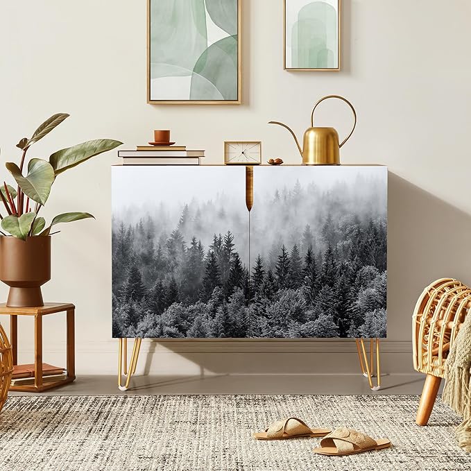 SIGNWIN Sideboard Buffet Cabinet, Kitchen Storage Cabinet with 2 Doors, Duotone Misty Foggy Mountain Forestra, Cupboard Console Table for Dining Room - 35" L x 18" W x 29" H