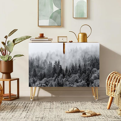 SIGNWIN Sideboard Buffet Cabinet, Kitchen Storage Cabinet with 2 Doors, Duotone Misty Foggy Mountain Forestra, Cupboard Console Table for Dining Room - 35" L x 18" W x 29" H