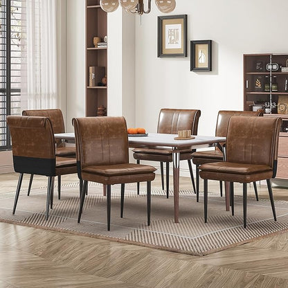 VECELO Upholstered PU Dining Chairs Set of 6, Kitchen Chairs with Padded Seat for Living Room, Dining Room, High Back and Steel Legs, Easy Assembly, Brown