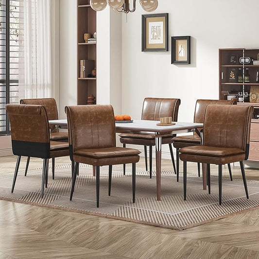 VECELO Upholstered PU Dining Chairs Set of 6, Kitchen Chairs with Padded Seat for Living Room, Dining Room, High Back and Steel Legs, Easy Assembly, Brown