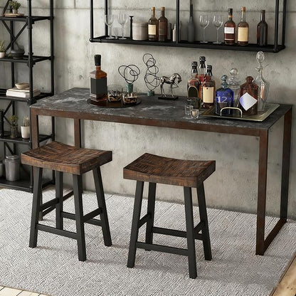 ERGOMASTER Wooden Backless Saddle Barstools Set of 4, 24-inch Counter Height Rustic Bar Stools with Rubber Wood Frame & Footrest for Kitchen Island, Dining Room, Pub
