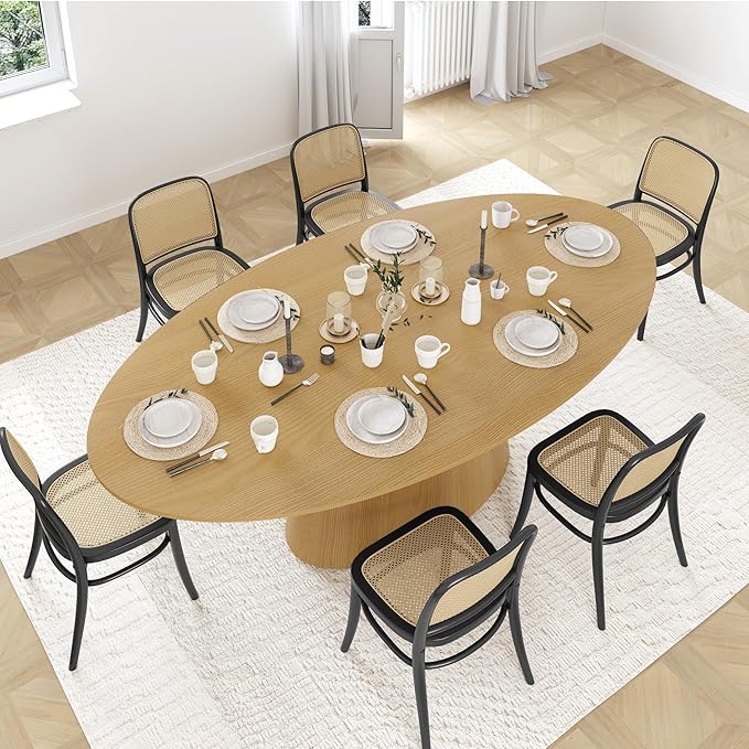Casaphoria 72" Oval Dining Table for 6-8 People, Mid Century Modern Wood Kitchen Table, Minimalist Pedestal Dining Room Furniture with Child-Safe Round Edges (Natural)