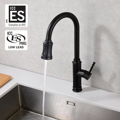 SUMERAIN Kitchen Sink Faucet with Pull Out Sprayer Single Lever Pull Down Kitchen Faucet 1 Hole Stainless Steel, Matte Black