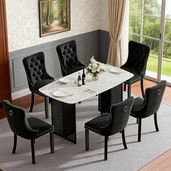 51" White Marble Dining Table, 4-6 Person Modern Kitchen Dining Room Tables with Marble Pattern Tempered Glass Top and Black Hollow-Out Metal Base, Space Saving Rectangle Dinner Table for Home