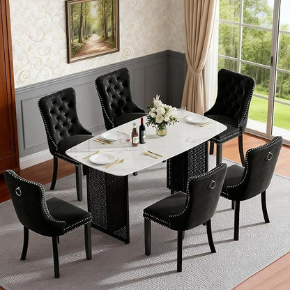 51" White Marble Dining Table, 4-6 Person Modern Kitchen Dining Room Tables with Marble Pattern Tempered Glass Top and Black Hollow-Out Metal Base, Space Saving Rectangle Dinner Table for Home