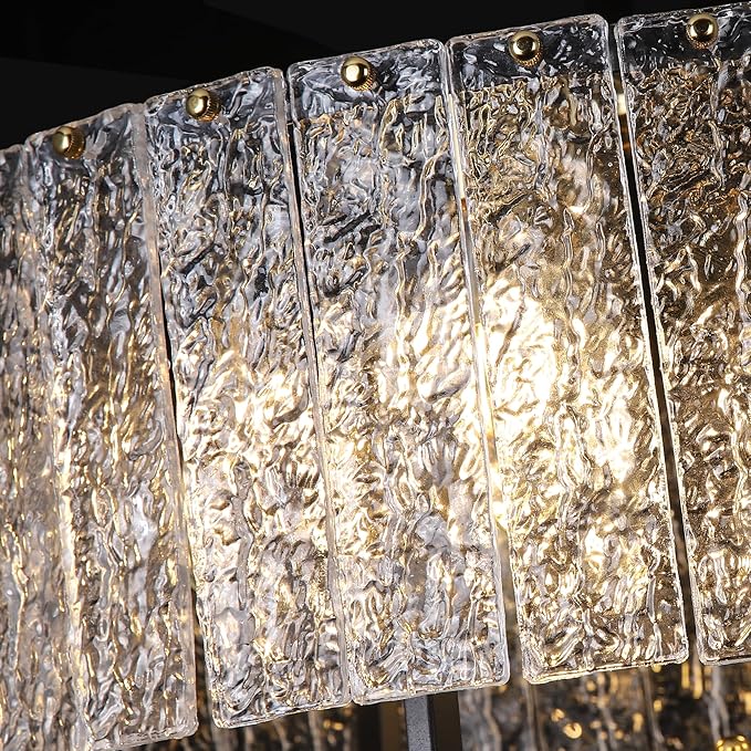 Black & Gold Chandelier Crystal Farmhouse Pendant Light, Semi Flush Mount Ceiling Chandelier Light Fixtures,16" Water Ripple Glass Shade,for Dining Room Kitchen Foyer Entryway