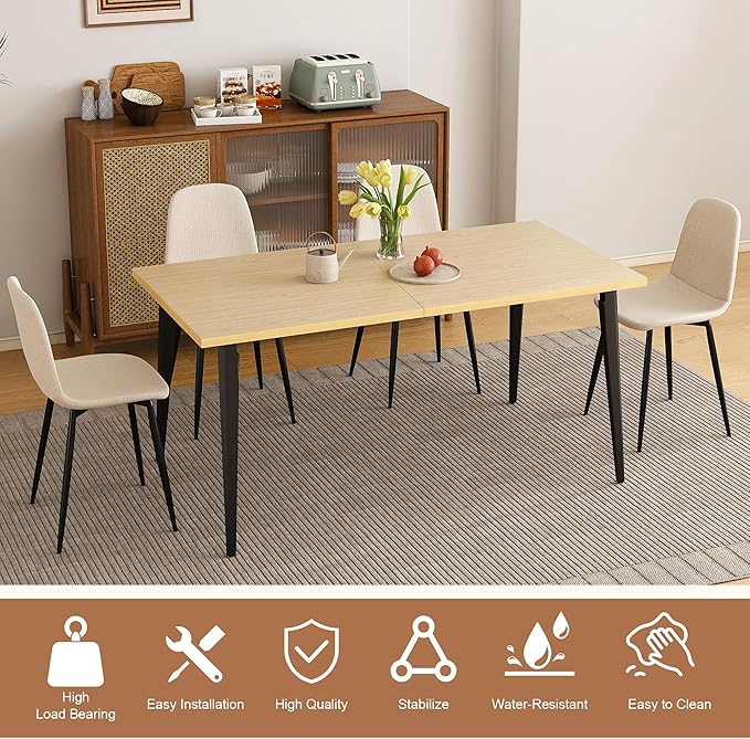 Dining Table Set with 4 Beige Dining Chairs, Rust-Resistant Iron Legs, Rectangular Kitchen Table for Dining Room & Patio(63 in Table and 4 Chairs)
