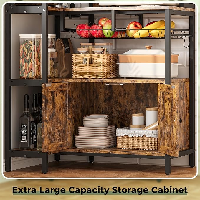 IRONCK Corner Bakers Rack with Power Outlet, Coffee Bar 6 Tier with Storage Cabinet, Vintage Industrial Microwave Stand with 6 Hooks, Kitchen Shelves with Wire Basket, Rustic Brown