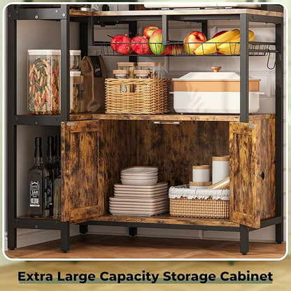IRONCK Corner Bakers Rack with Power Outlet, Coffee Bar 6 Tier with Storage Cabinet, Vintage Industrial Microwave Stand with 6 Hooks, Kitchen Shelves with Wire Basket, Rustic Brown