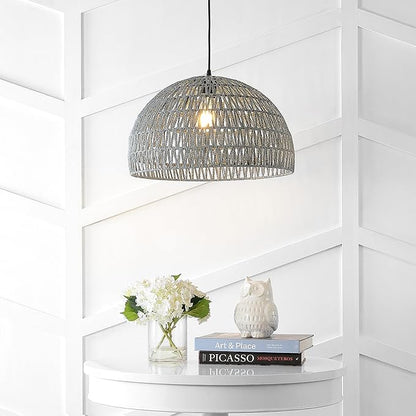 JONATHAN Y 20" Gray Modern Bohemian Woven Rope LED Pendant Light Fixture, Adjustable Dome Ceiling Lamp for Kitchen Island, Rope Shade, Coastal Farmhouse Decor (JYL6504D)