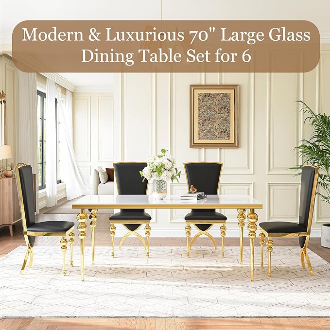 Glass Dining Table Set for 6, Luxurious 70 Inch Rectangular Glass Kitchen Table with 6 Black High Back Leather Chairs, for Dining Room, Restaurant, Living Room (White Top)