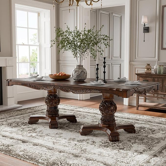 Furniture of America Adair Traditional Solid Wood 95-inch Expandable Dining Table with Double Pedestal and Carved Details, Seats up to 8, for Home, Kitchen, Living Room, Dark Cherry