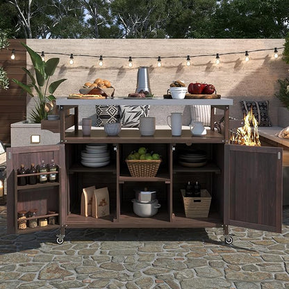 Modern Dining Table Outdoor Kitchen Island with Cabinet, Rolling Bar Cart, Farmhouse Solid Wood Grill Table with Stainless Steel Top, Spice Rack, Towel Rack for Kitchen Dining Room Tables,Brow