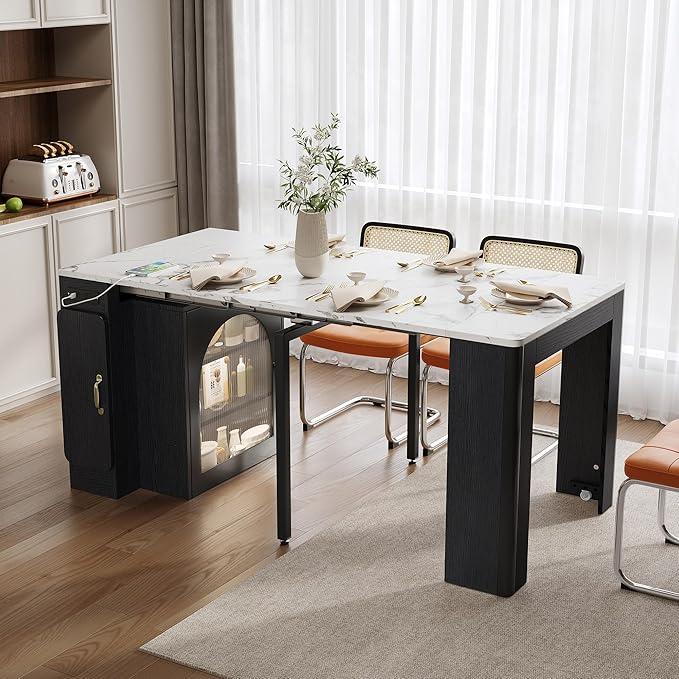 59" Extendable Dining Table, Mobile Kitchen Island Table with 3 Removable Middle Leaves & LED Light Strip & Power Outlet, Saving-Space Bar Table Sideboard for Small Space,Black+White