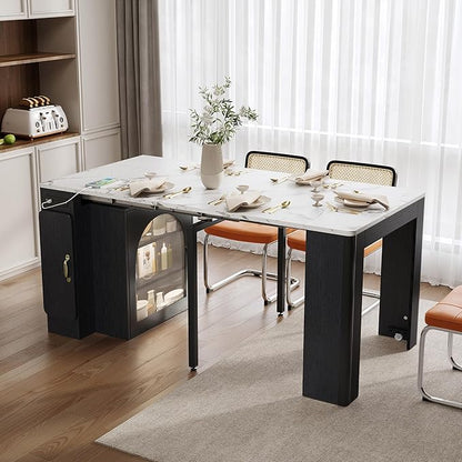 59" Extendable Dining Table, Mobile Kitchen Island Table with 3 Removable Middle Leaves & LED Light Strip & Power Outlet, Saving-Space Bar Table Sideboard for Small Space,Black+White