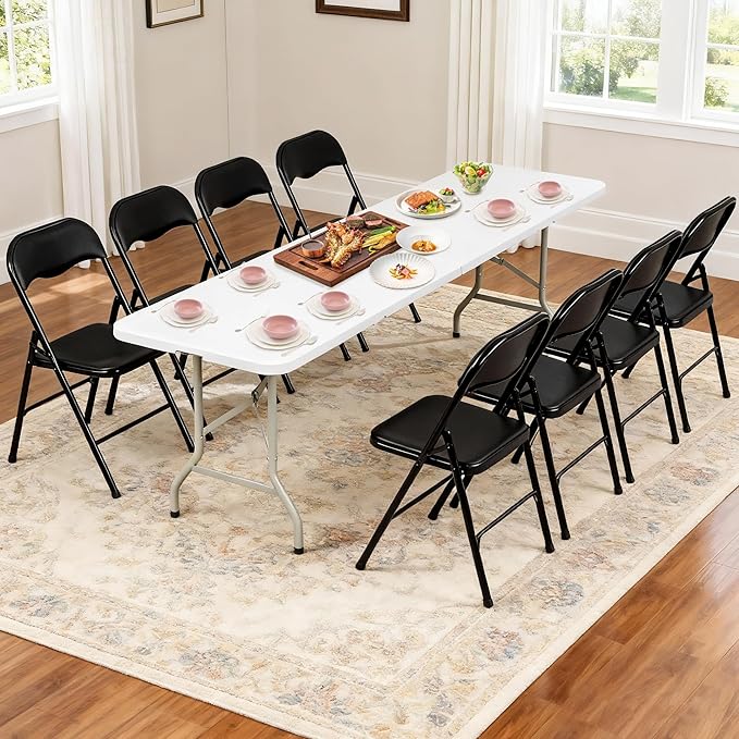 Elevon Folding Table Set with 8 Black Folding Chairs,8 Feet Heavy Duty Fold-in-Half Utility Table Sets for Picnic, Event, Training, Outdoor Activities, at Home and Commercial Use