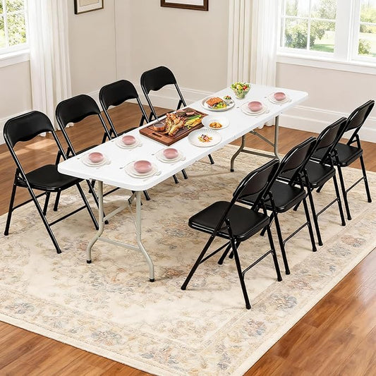 Elevon Folding Table Set with 8 Black Folding Chairs,8 Feet Heavy Duty Fold-in-Half Utility Table Sets for Picnic, Event, Training, Outdoor Activities, at Home and Commercial Use