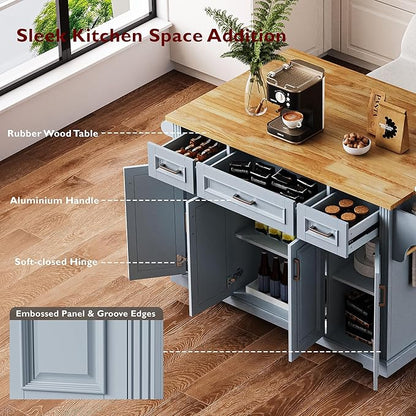 JIJIWANG 54" Large Kitchen Island with Drop Leaf and Storage, Embossed Texture Rolling Kitchen Cart on 4 Wheels with 4 Doors and 3 Drawers for Dining Room, Grey Blue
