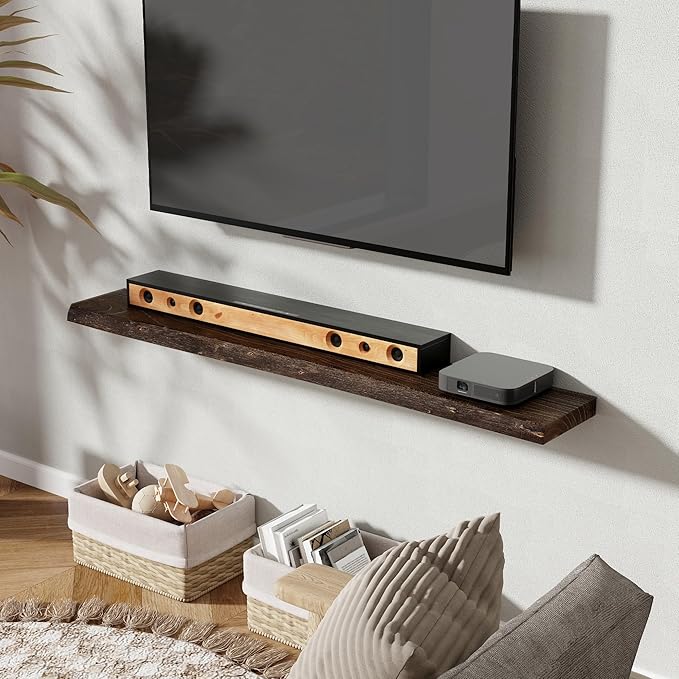 55 Inch Long Floating Shelves for Wall, Live Edge Floating Shelf Wall-Mounted for Bedroom Kitchen Living Room, Real Solid Elm Wood Wall Shelf with Heavy-Duty Bracket for Books Decor Storage, Walnut