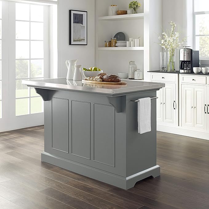 Crosley Furniture Julia Stainless Steel Top Kitchen Island with Storage Drawers, Shelves, and Spice Rack, Gray