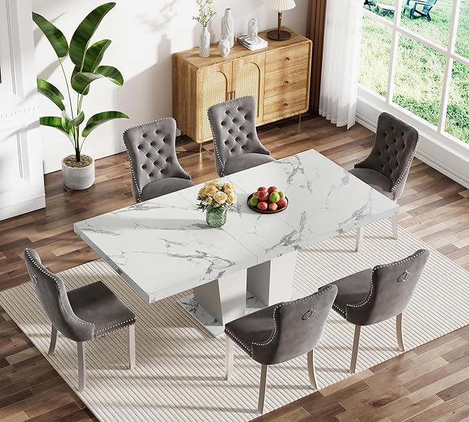 Goujxcy 7-Piece Extendable Dining Table Set for 6-8 People 63"-78.7" Kitchen Table Set with 6 Grey Upholstered Chairs Modern White Faux Marble Rectangular Dining Room Table Set for Kitchen Apartment