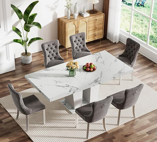 Goujxcy 7-Piece Extendable Dining Table Set for 6-8 People 63"-78.7" Kitchen Table Set with 6 Grey Upholstered Chairs Modern White Faux Marble Rectangular Dining Room Table Set for Kitchen Apartment