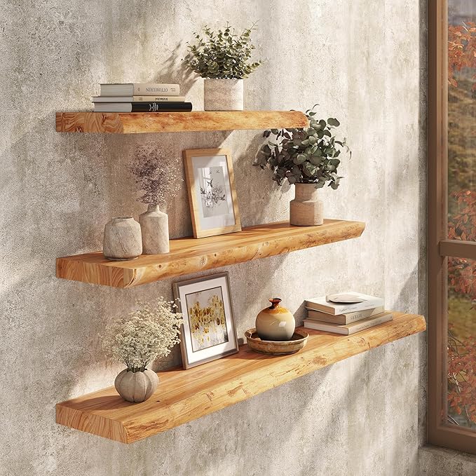 Floating Shelves Set of 2, Solid Elm Wood Wall Shelves 36 Inch - Invisible Bracket Mount for Living Room, Bedroom, Kitchen, Bathroom - Natural