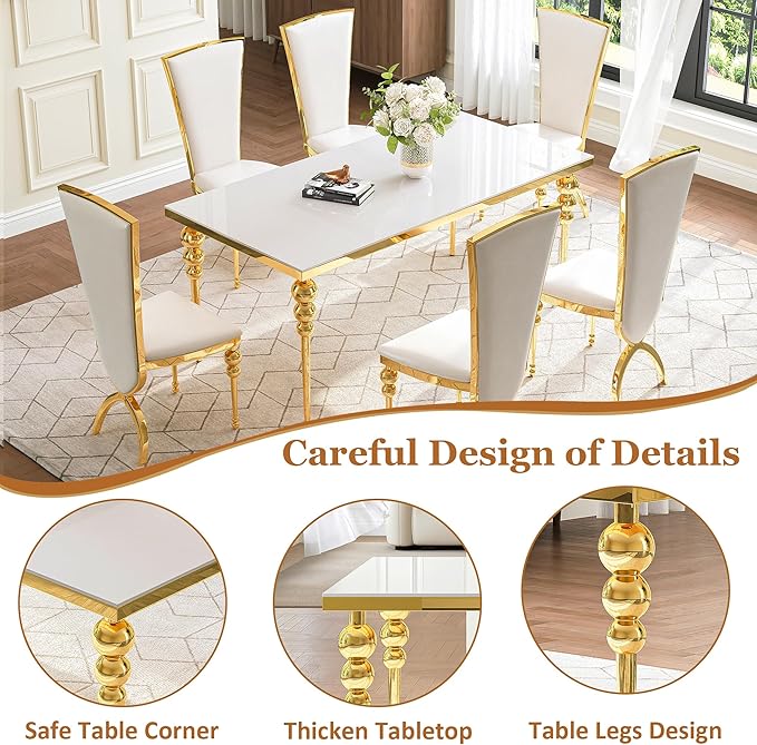 Glass Dining Table Set for 6, Luxurious 70 Inch Rectangular Glass Kitchen Table with 6 White High Back Leather Chairs, for Dining Room, Restaurant, Living Room (White Top)