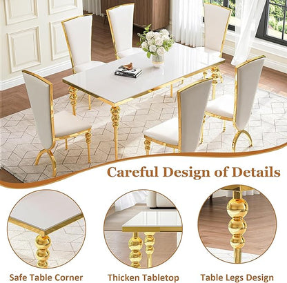 Glass Dining Table Set for 6, Luxurious 70 Inch Rectangular Glass Kitchen Table with 6 White High Back Leather Chairs, for Dining Room, Restaurant, Living Room (White Top)