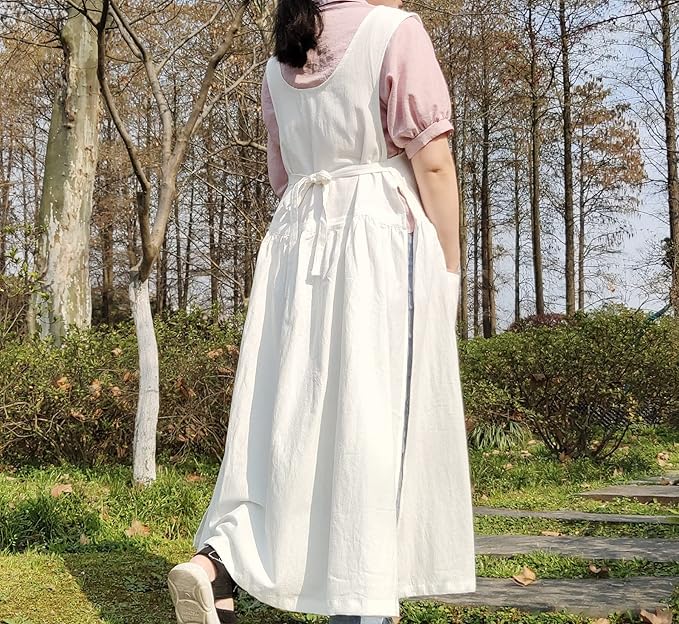 Women Plus Size Cotton Linen Vintage Pleated Split Apron Pinafore Dress with Two Pockets