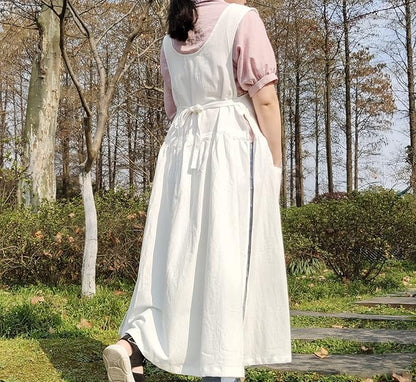 Women Plus Size Cotton Linen Vintage Pleated Split Apron Pinafore Dress with Two Pockets