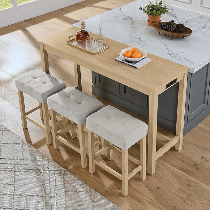 4-Piece Kitchen Island Counter-Table Set with Charging Station, Industrial 59" Dining Tables with 3 Stools, 59 Inch Farmhouse Bar Table Chairs w/USB & Type-C & Power Outlets,Light Oak