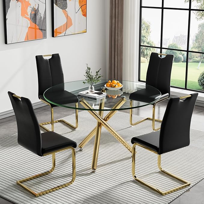 43.3'' Round Glass Dining Table,Modern Kitchen Table for 2-6 People,Dining Room Table with Tempered Glass Top and Metal Legs for Kitchen Apartment