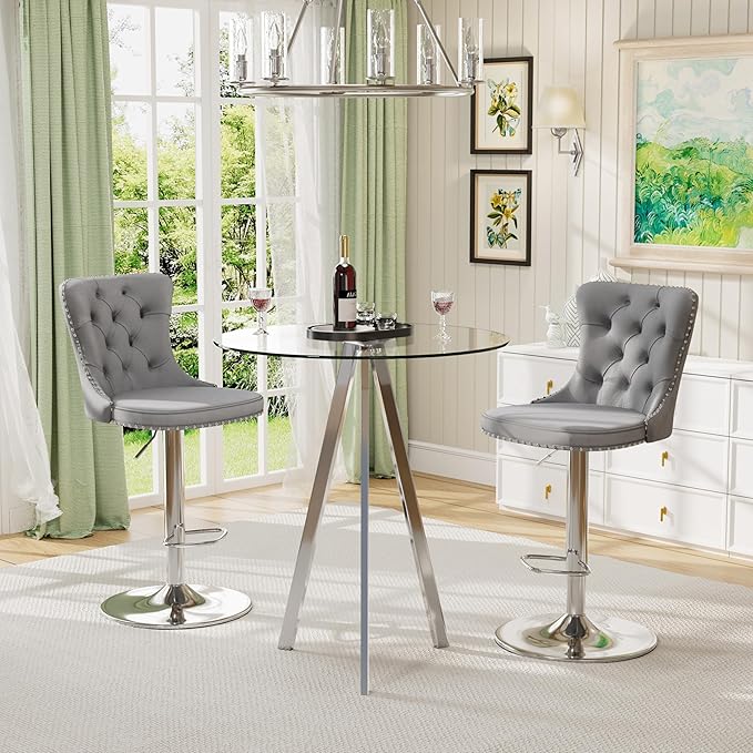3 PCS Round Glass High Top Bar Table Set, Rustic Swivel Bar Stools Island Chair, Small Circle Pub Table & 2 Adjustable Velvet Counter Stools with Back (Silver Metal Leg, Clear Top + Grey Chair)