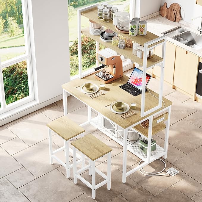 IRONCK Kitchen Island with Stools, Dining Table Set with Storage and Power Outlet, Industrial Coffee Bar Table for Kitchen Dining Living Room, 10 Hooks (Natural Wood)